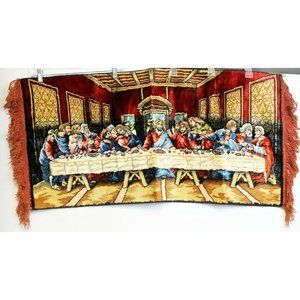 Vtg 70s P&C Last Supper Velvet Tapestry Wall Hanging 39x19 Red Fringe Religious